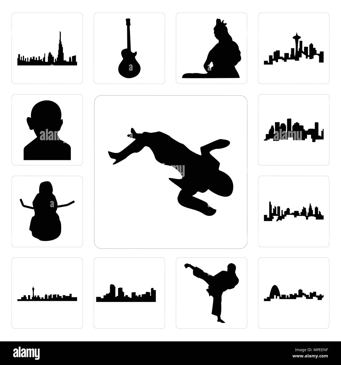 Set Of 13 simple editable icons such as crime scene body, missouri, karate kick, denver skyline, las vegas charlotte snowman, houston gandhi can be us Stock Vector