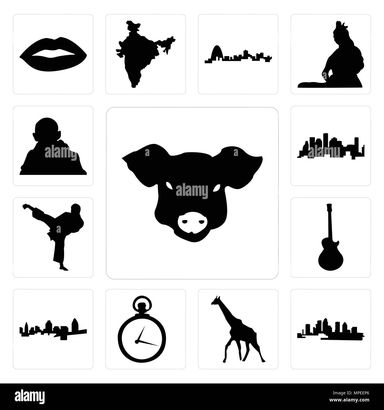 Set Of 13 simple editable icons such as pig face, florida, giraffe, pocket watch, cincinnati skyline, image les paul, karate kick, houston gandhi can  Stock Vector