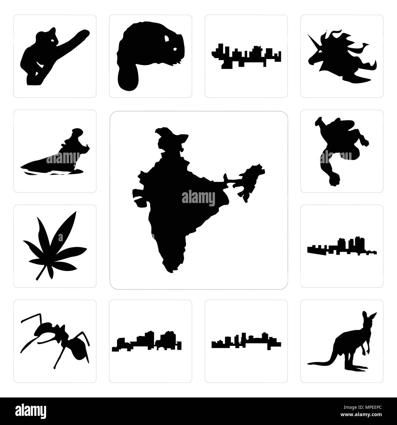 Set Of 13 simple editable icons such as india, kangaroo outline on white background, arkansas, louisiana ant, haiti, marijuana leaf, chalk can be used Stock Vector