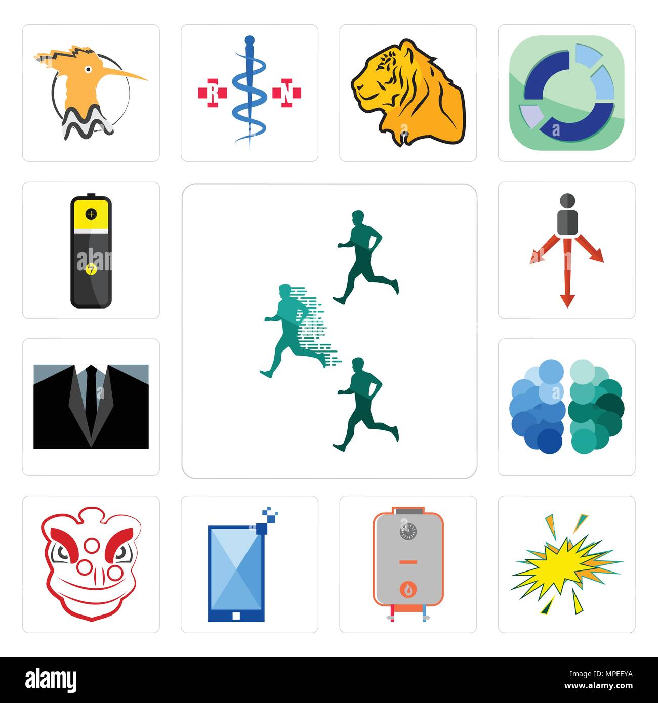 Set Of 13 simple editable icons such as competitive advantage, starburst, boiler, phone, lion dance, free brain, dress code, approach, lithium battery Stock Vector