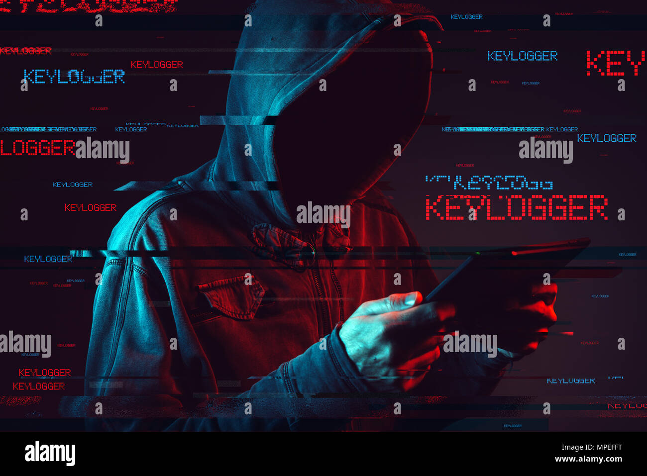 Keylogger concept with male person using tablet computer, low key red and blue lit image and digital glitch effect Stock Photo