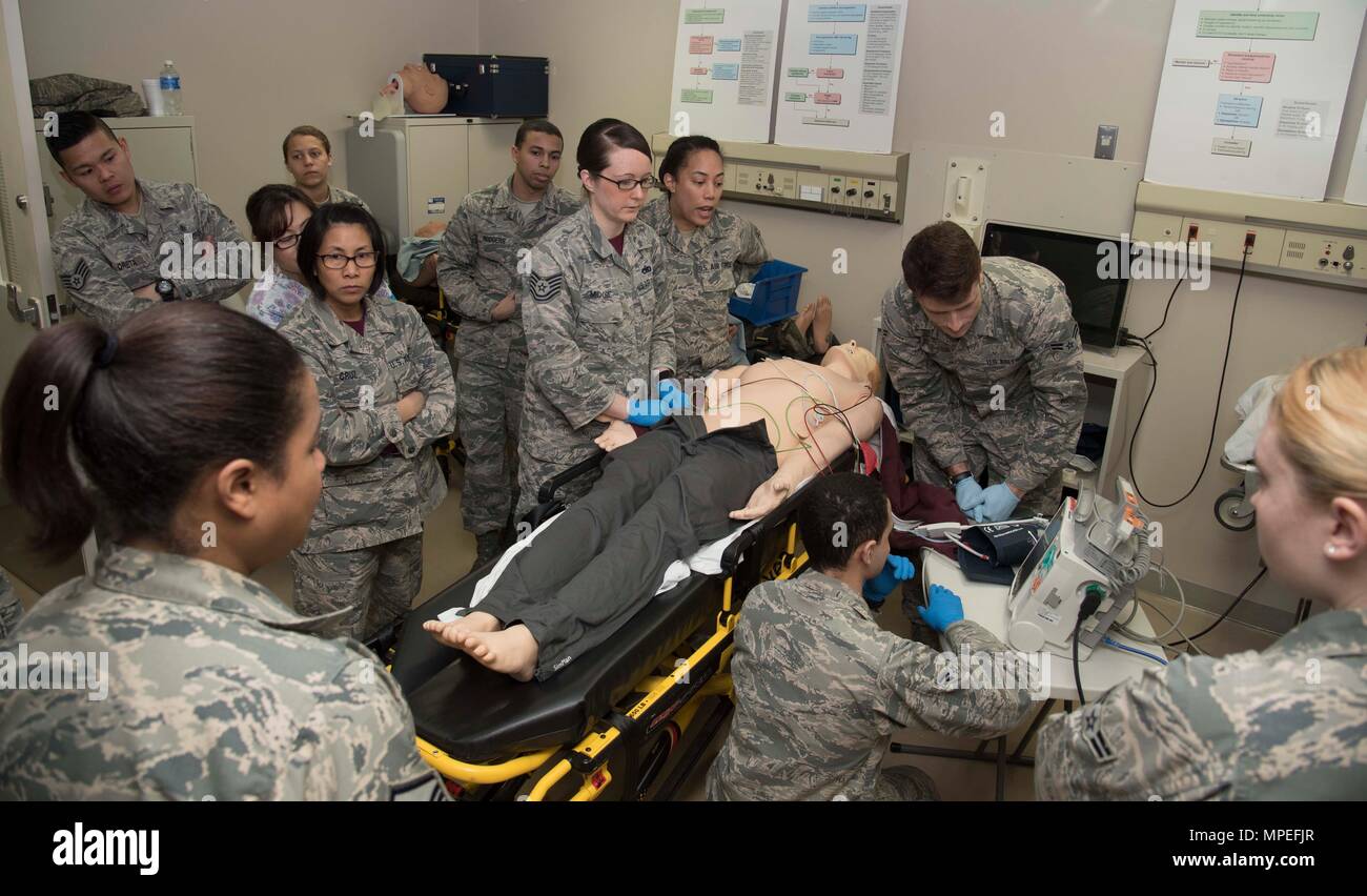 U.S. Air Force Airmen with the 35th Medical Group watch their wingmen train with a Philips HeartStart MRx defibrillator and heart monitor at Misawa Air Base Japan Feb. 3 2017. Practicing with