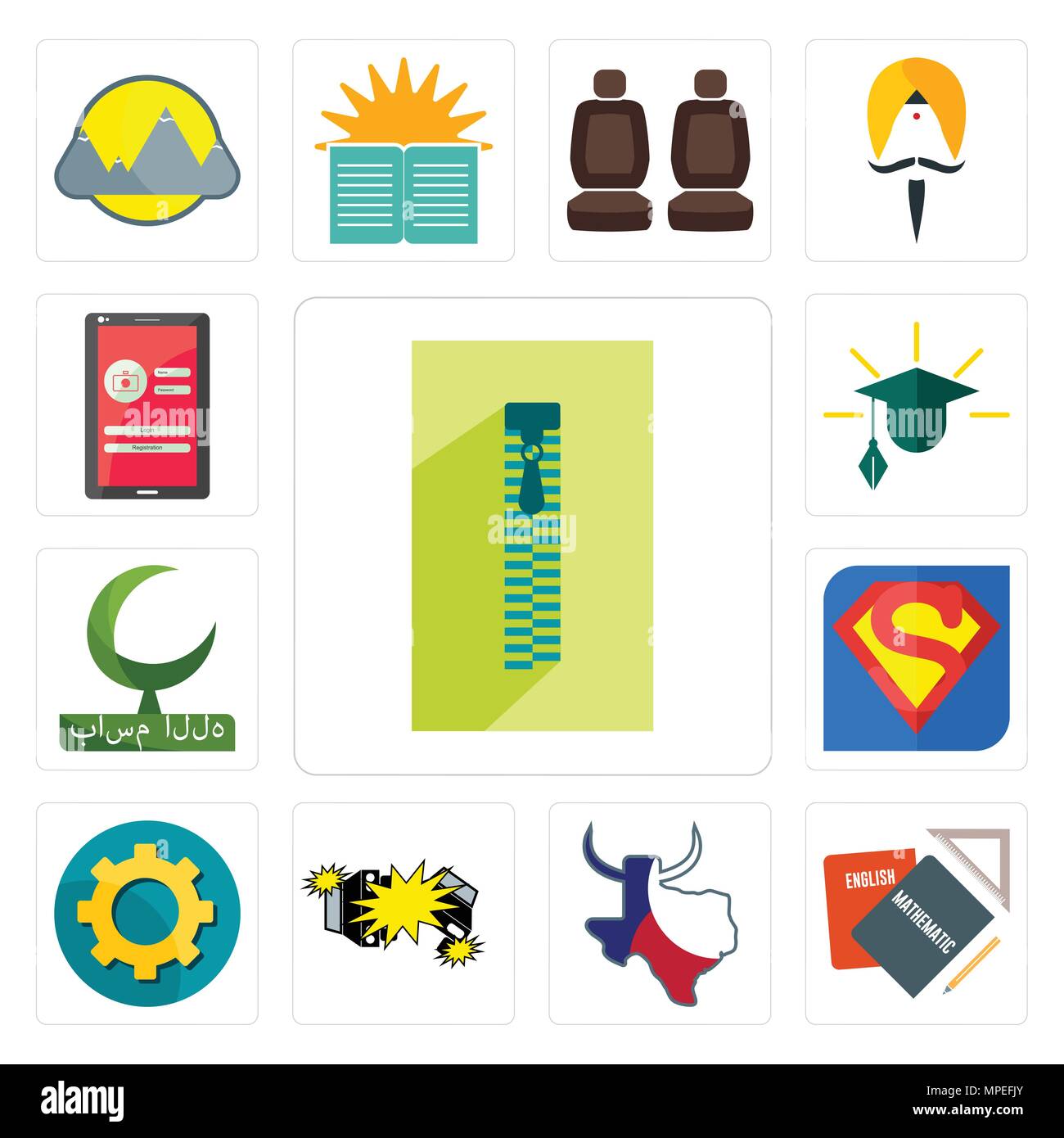 Set Of 13 simple editable icons such as zipper, homework, made in texas,  car crash, transparent gear, s, bismillah, education, login screen can be  use Stock Vector Image & Art - Alamy