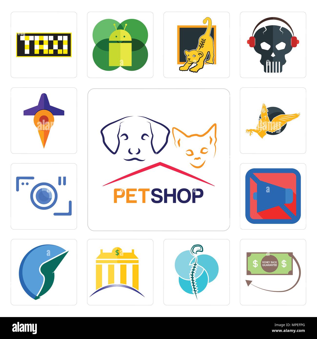 Set Of 13 simple editable icons such as petshop, money back guarantee, neurosurgery, banque, trading co, mobile silent, camera, gryphon, travel can be Stock Vector