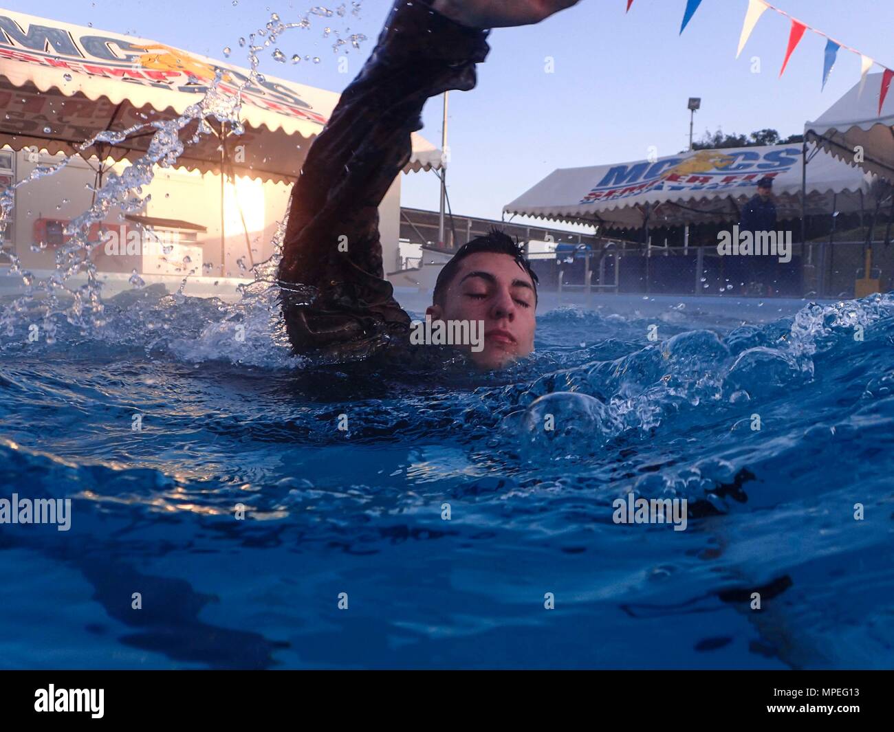 U.S. Marines swim 250 meters during an intermediate swim qualification