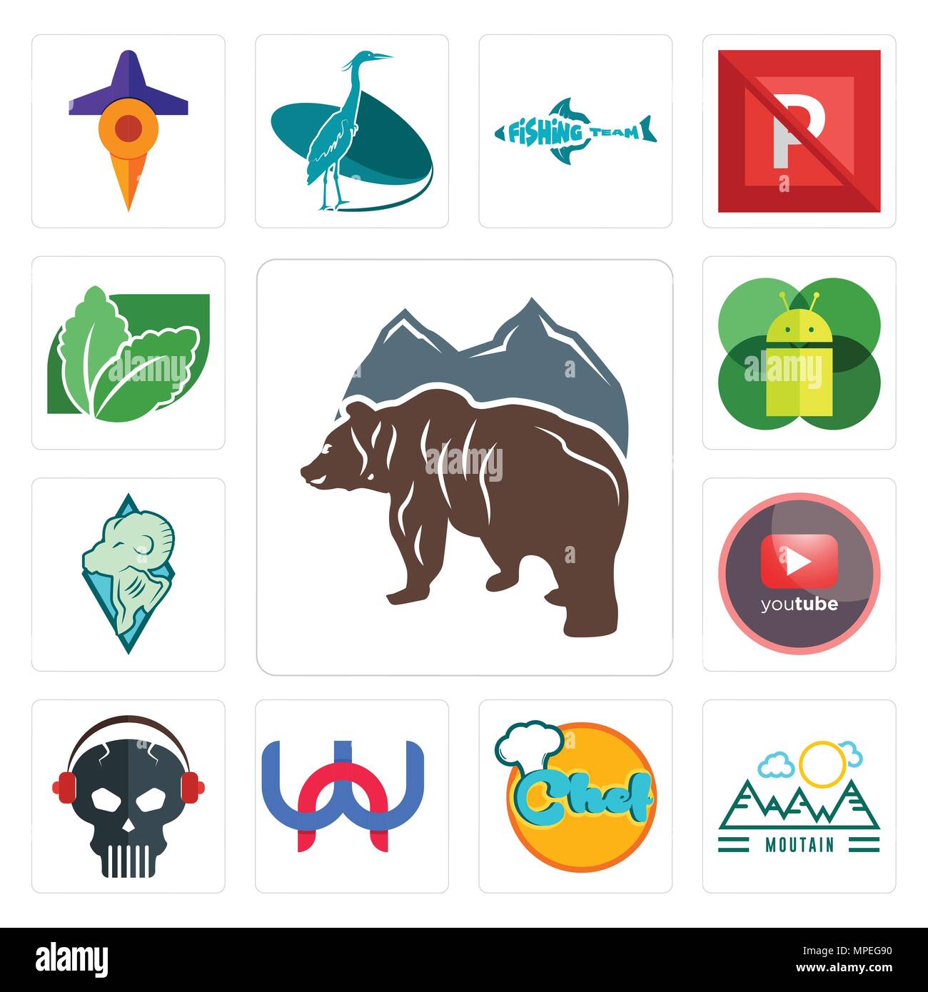 Set Of 13 simple editable icons such as free bear, moutain, chef, wn, skull with headphone, pinetree, rams, mobile os a, stevia can be used for mobile Stock Vector