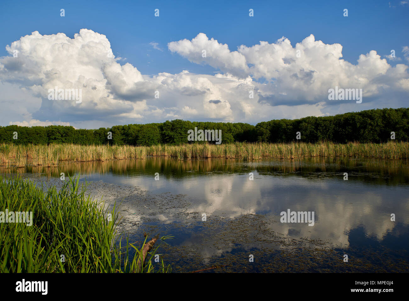 The blue sky and clouds are reflected in the calm waters of the lake ...