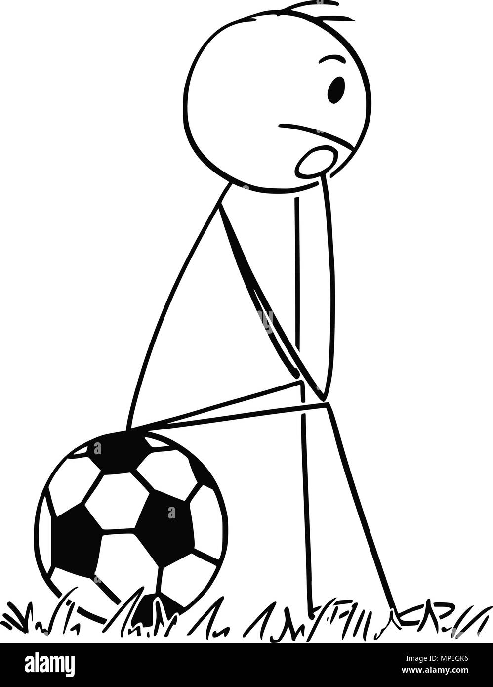 Cartoon of Sad or Depressed Football or Soccer Player Sitting on Ball Stock Vector