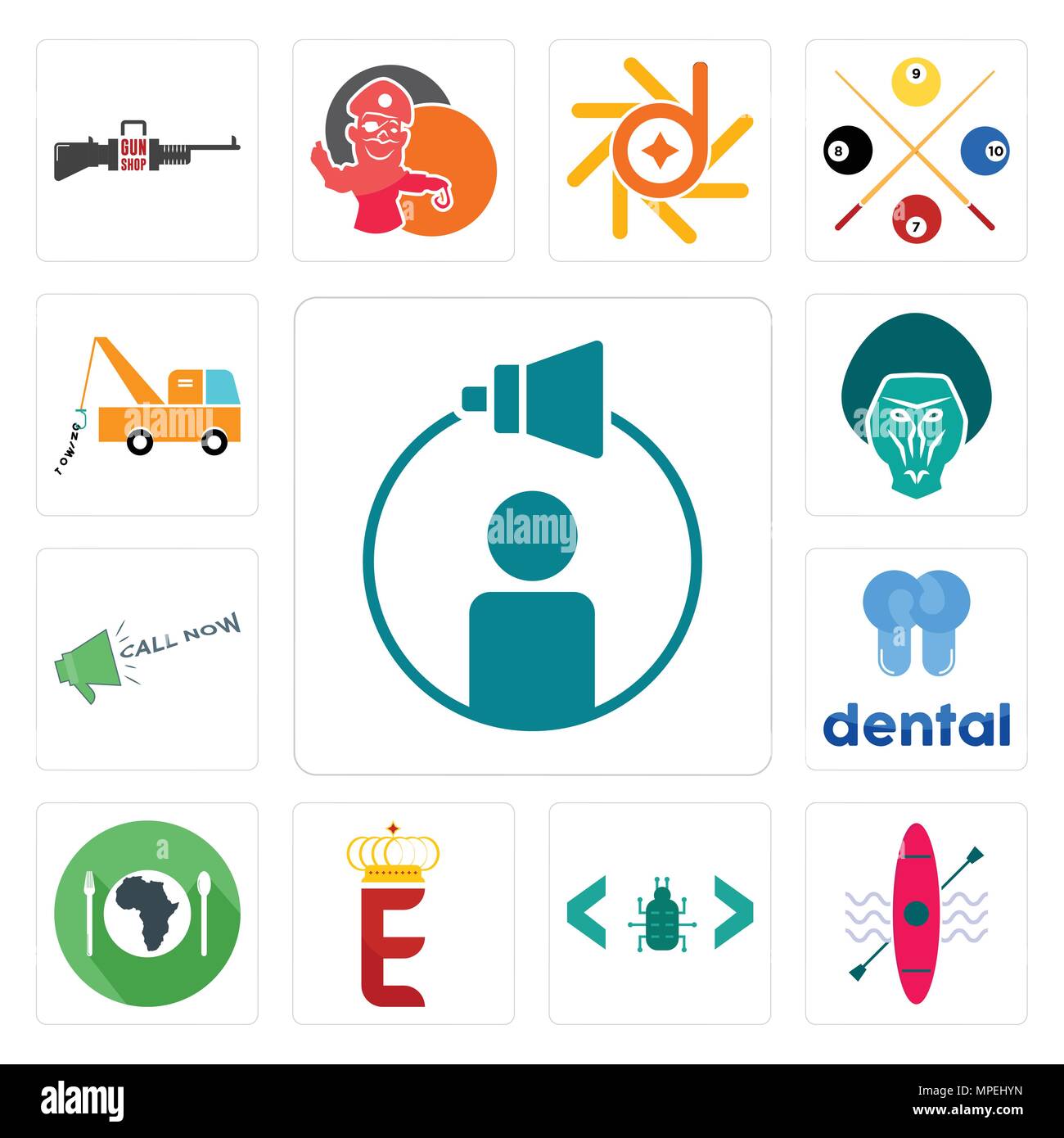 Set Of 13 simple editable icons such as campaign management, kayak, software bug, e crown, hunger, dental, call now, baboon, tow truck can be used for Stock Vector