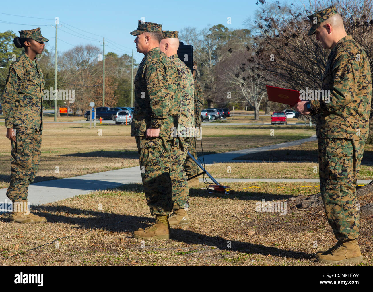 U S Marines With Marine Corps Installations East Mcieast Stand At The Position Of Attention An Award Citation Is Read During Lance Cpl Ikea J Kaufman S Award Ceremony Camp Lejeune N C Feb 14