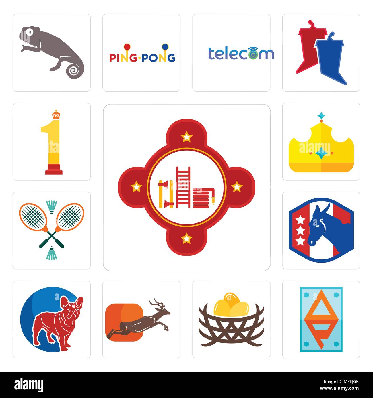 Set Of 13 simple editable icons such as fire station, ap, bird nest, antelope, french bulldog, democratic party, badminton, royal, no.1 can be used fo Stock Vector