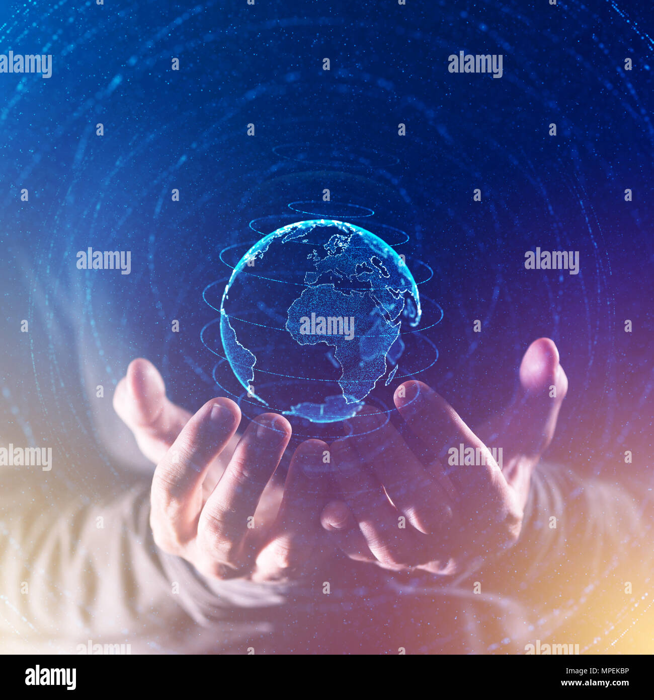 Global business and communication concept, connected world in hands of business person, abstract illustration mixed media Stock Photo