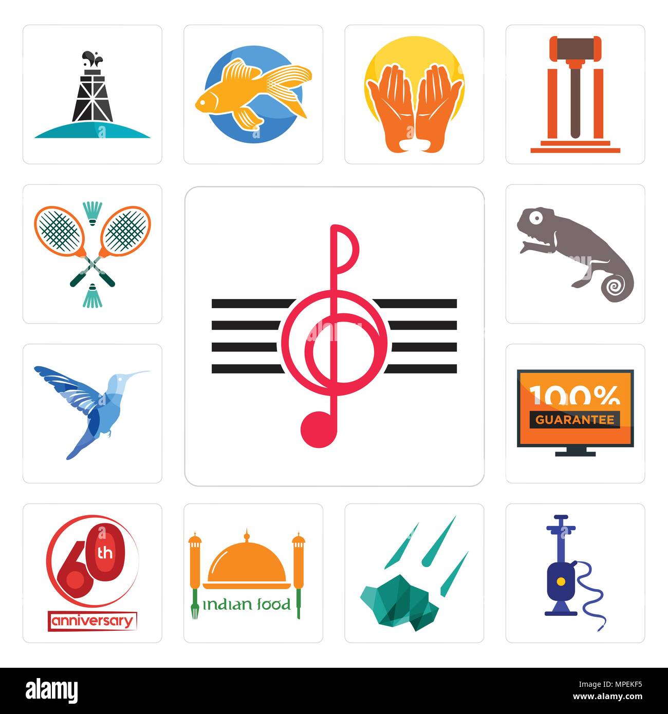 Set Of 13 simple editable icons such as treble clef, shisha, meteorite, indian food, 60th anniversary, 100 guarantee, colibri, chameleon, badminton ca Stock Vector