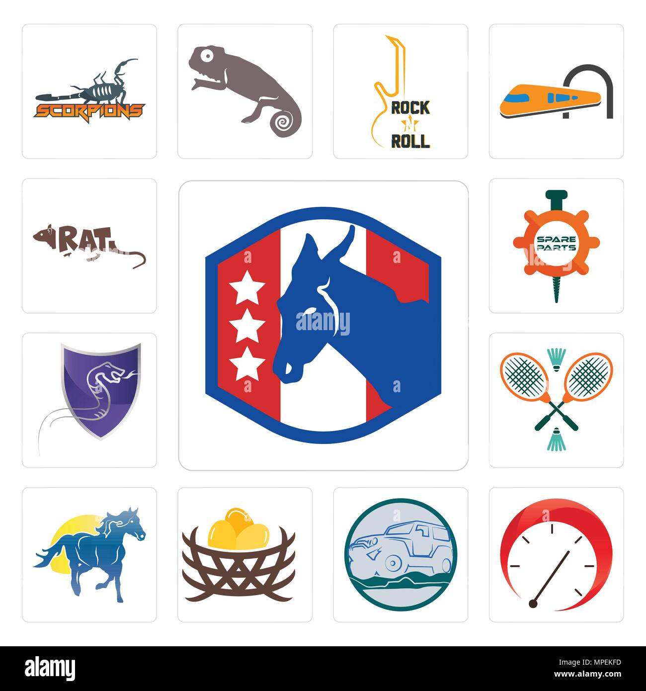 Set Of 13 simple editable icons such as democratic party, tachometer, offroad, bird nest, mustang mascot, badminton, viper, spare parts, rat can be us Stock Vector