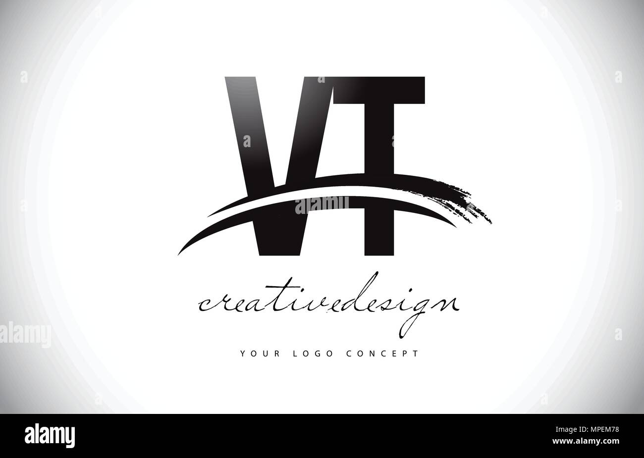 Vt V T Letter Logo Design With Swoosh And Black Brush Stroke