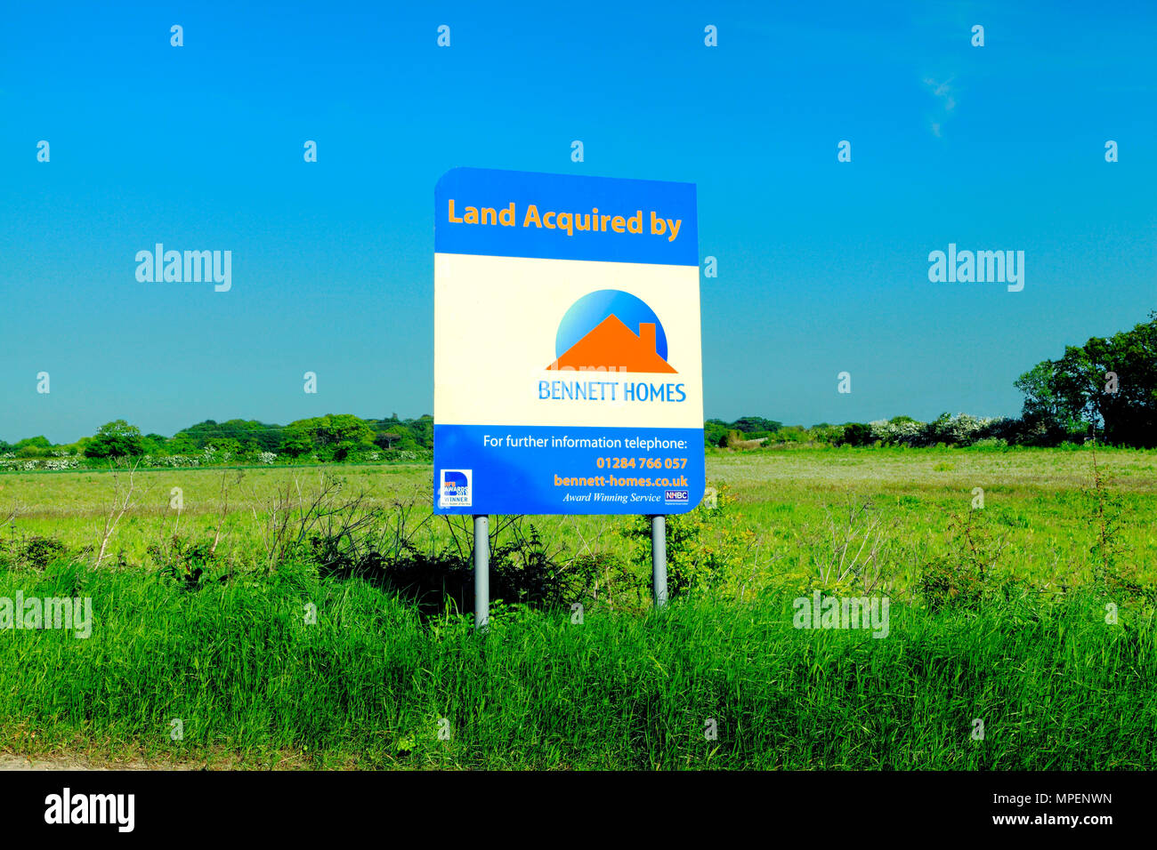 Bennett Homes, land acquisition, housing development, agricultural land, Hunstanton, sign, Norfolk, UK Stock Photo
