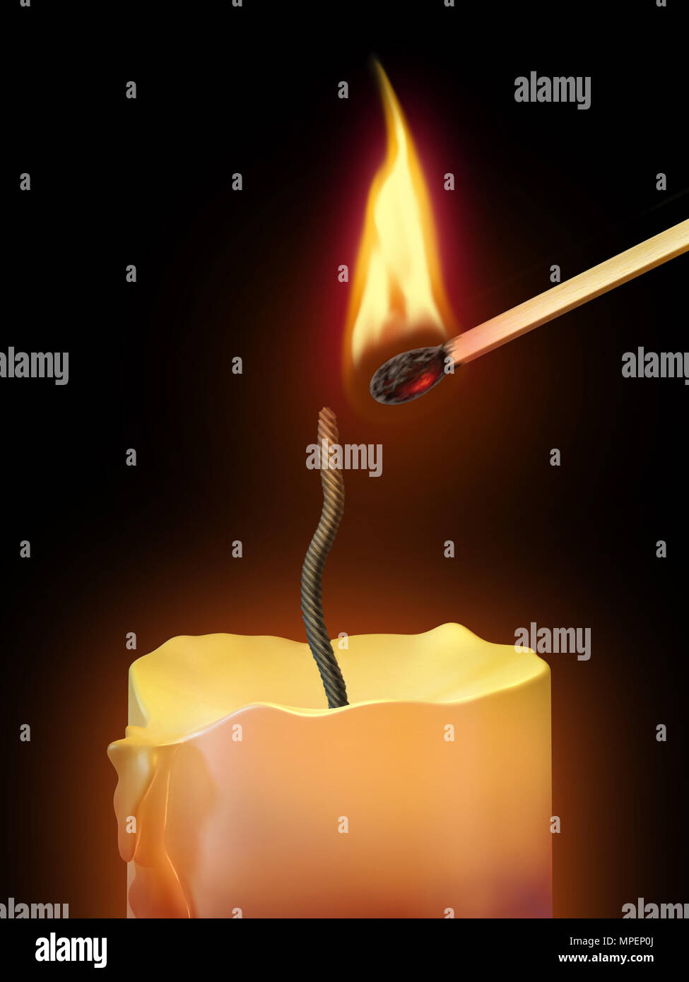 Burning match lights a candle. Digital illustration Stock Photo Alamy