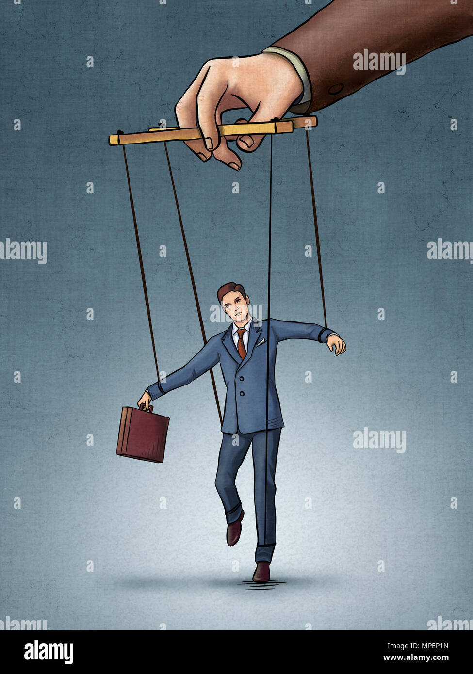 Businessman being pulled by strings like a puppet. Digital illustration, created from scratch with no reference used. Stock Photo