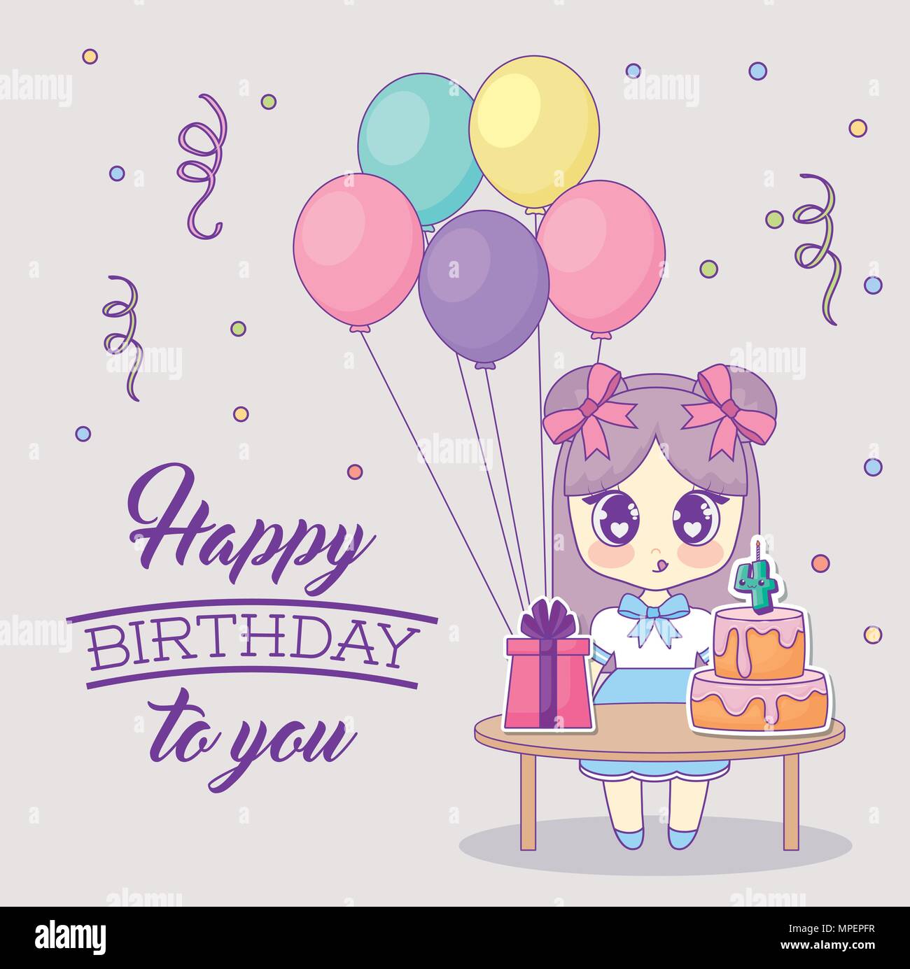 Happy Birthday Design With Kawaii Anime Girl With Table With Cakes And Gift Boxes Over Background Colorful Design Vector Illustration Stock Vector Image Art Alamy