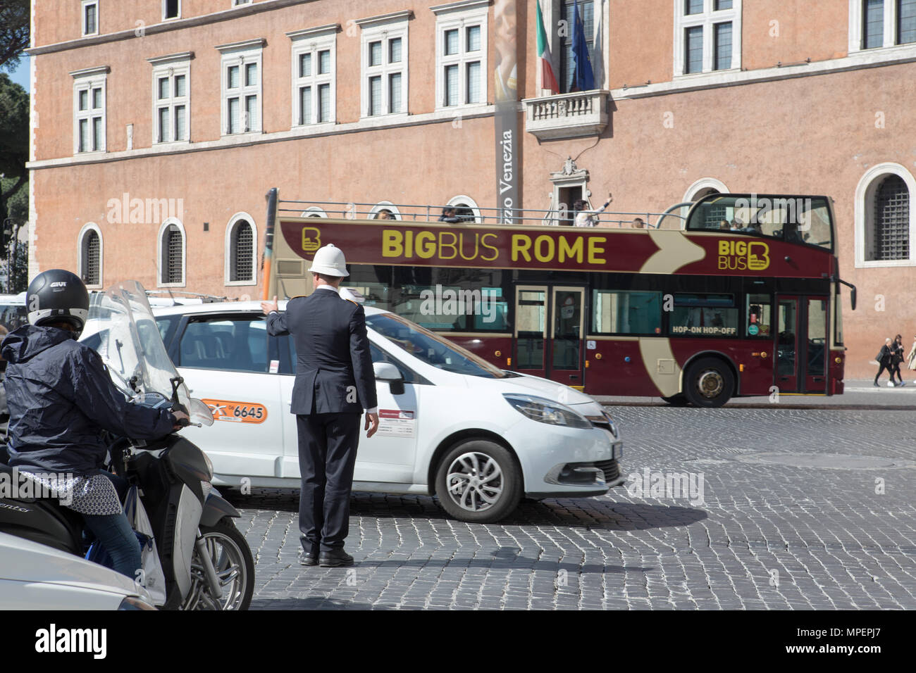Rome Italy, Police patrolling the vehicles circulation, Piazza Venezia, Vittoriano Monument, scene Stock Photo