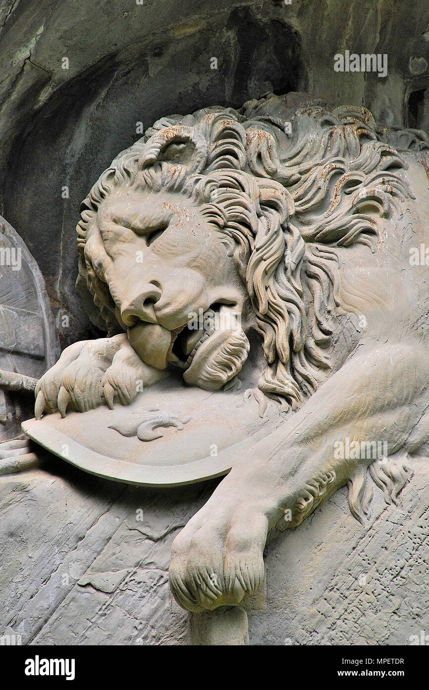 The Lion Monument or the Lion of Lucerne, is a rock relief in Lucerne, Switzerland Stock Photo