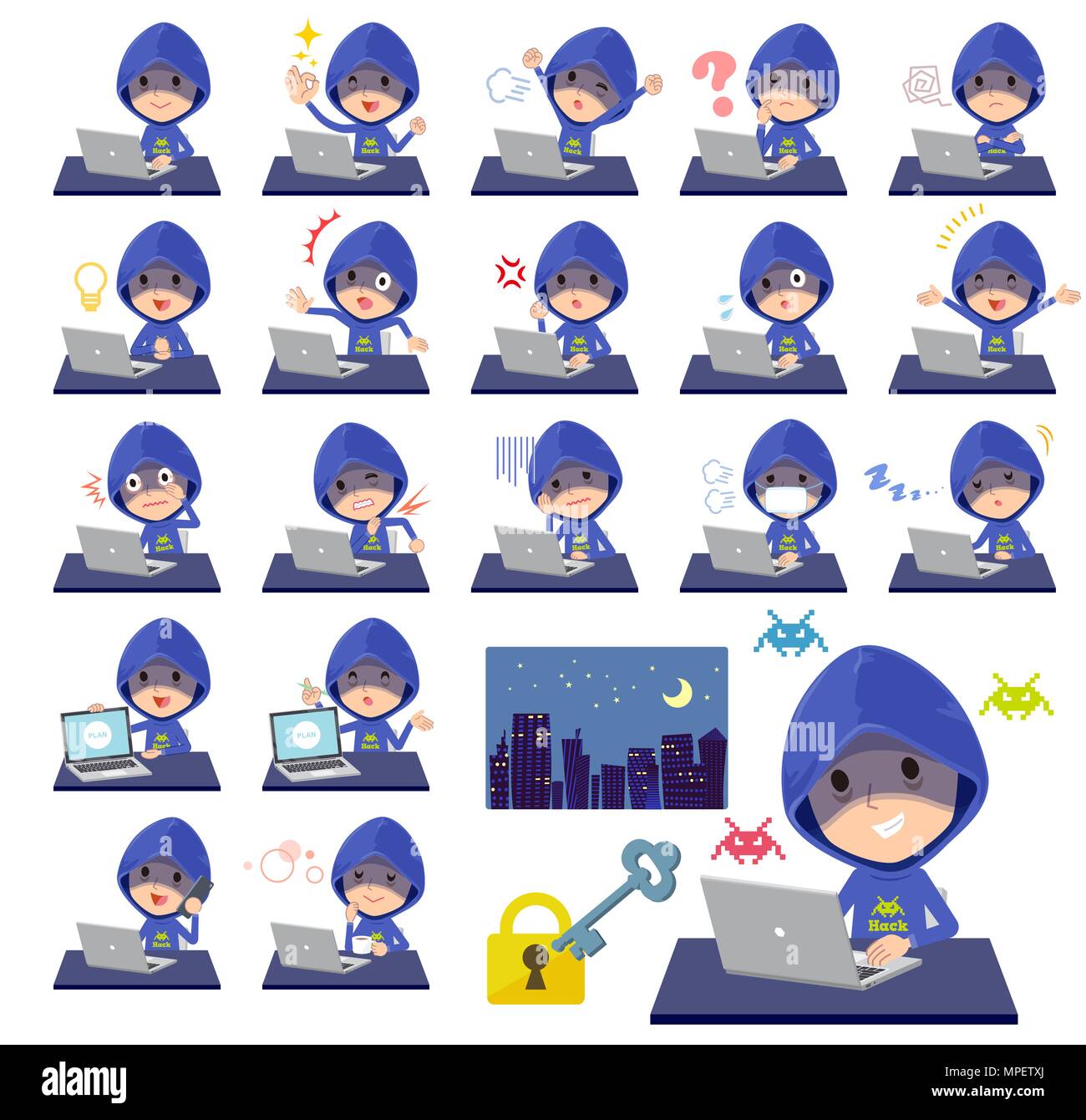 Blue Parker hacker men_desk work Stock Vector