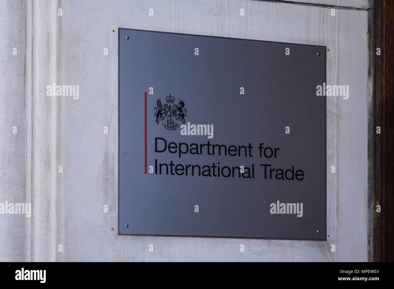 Department for International Trade sign outside of building on Whitehall, London, England, U.K. Stock Photo