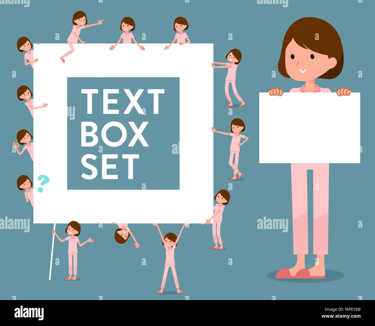 Set of various poses of flat type patient woman text box Stock Vector ...