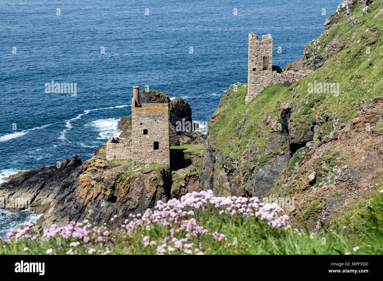 The Ruined Crowns Engine Houses of the Botallack Mines Viewed From the South West Coast Path, Botallack, Near St Just, Cornwall, UK. Stock Photo