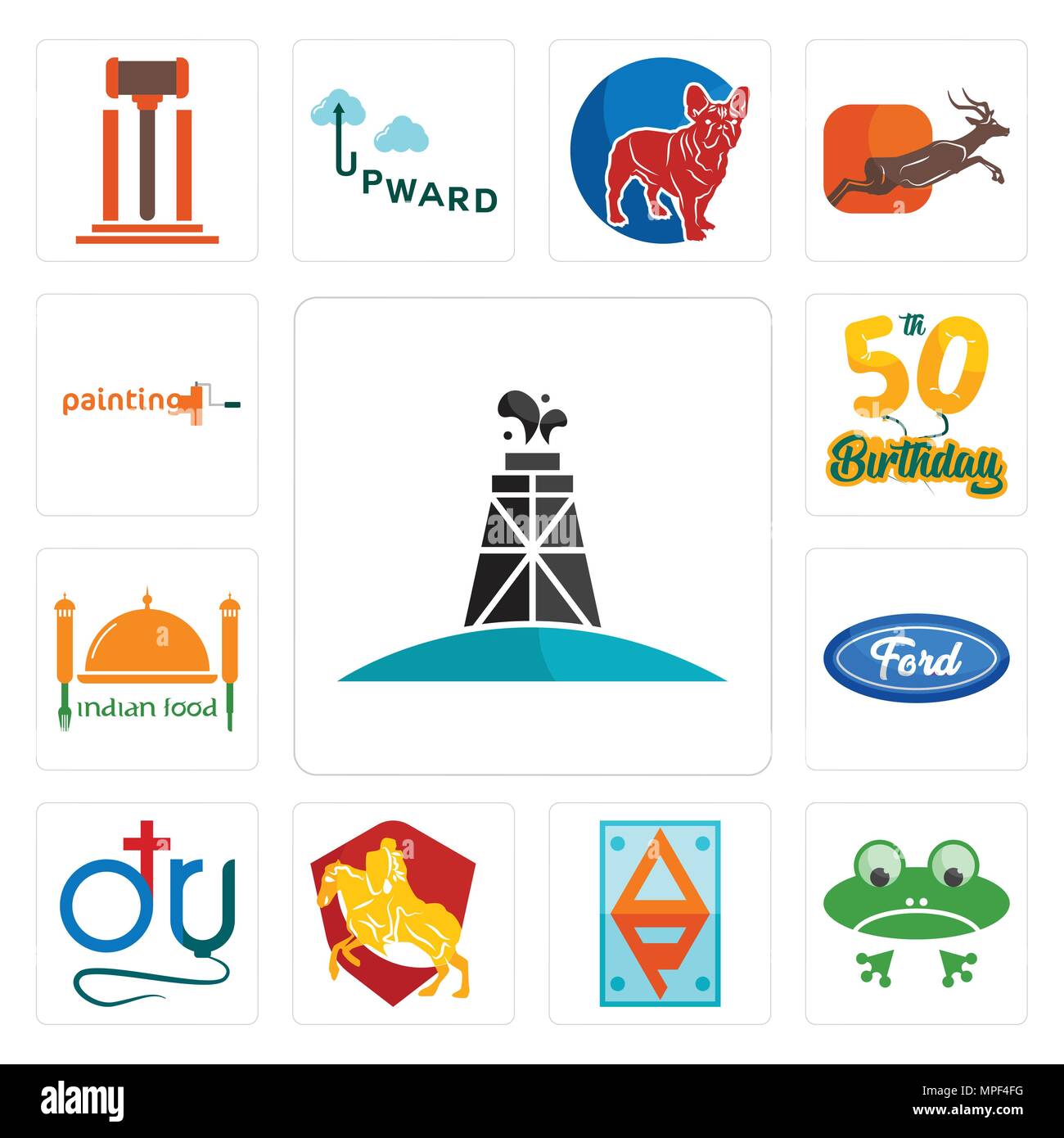 Set Of 13 simple editable icons such as oil derrick, frog, ap, knight on horse, dr., f, indian food, 50th birthday, painting company can be used for m Stock Vector