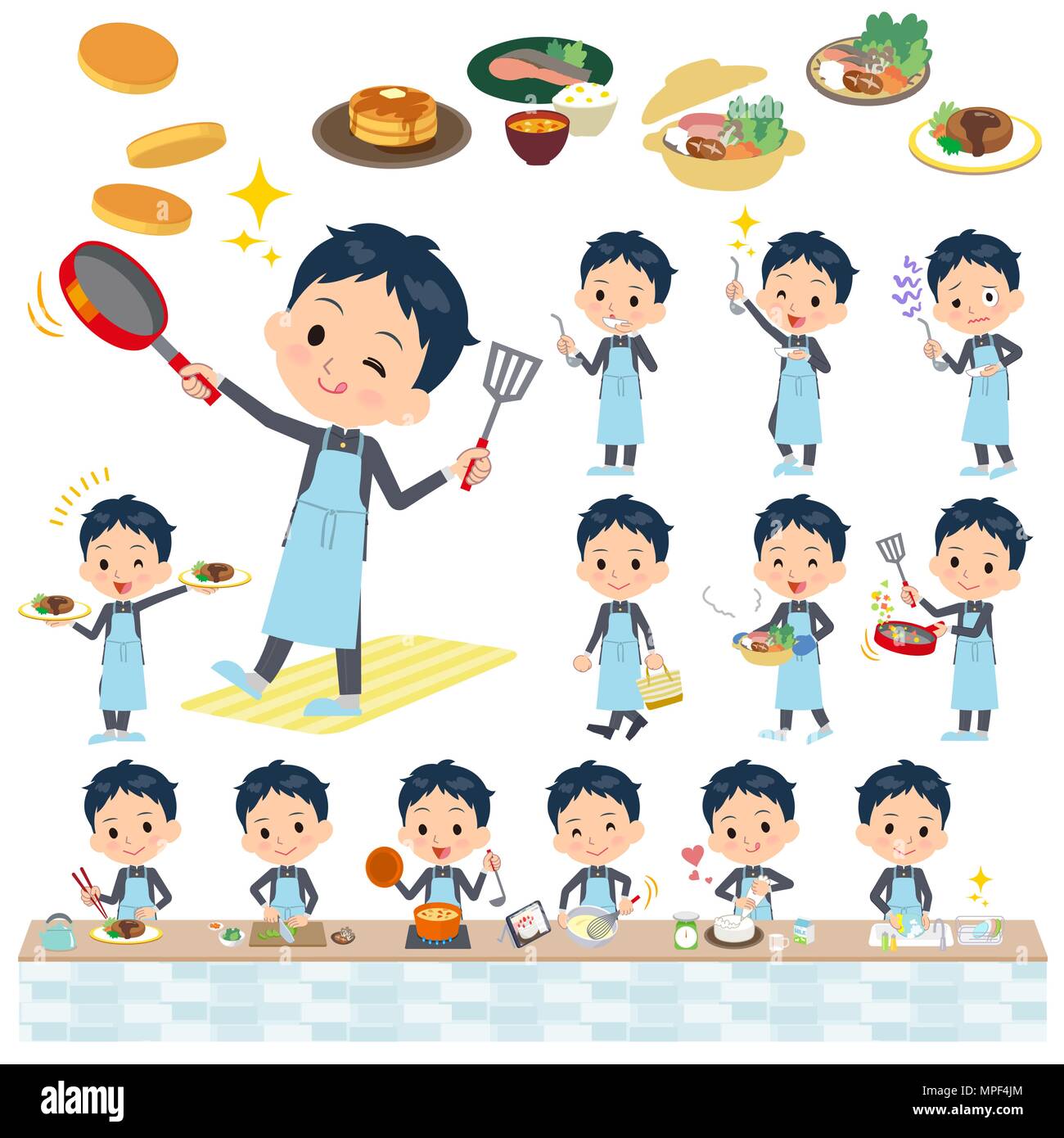 Set of various poses of school boy gakuran cooking Stock Vector