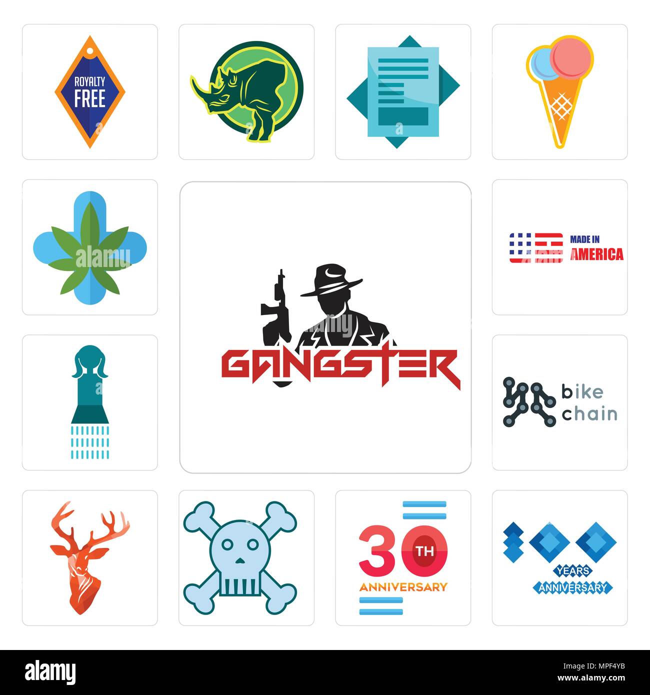 Set Of 13 simple editable icons such as gangster, 100 year anniversary ...