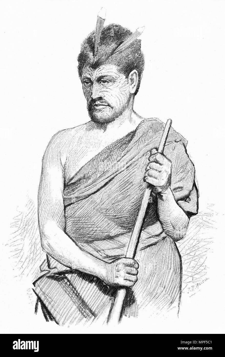 Engraving of the Maori warrior Te Pahl, New Zealand. From the Picturesque Atlas of Australasia Vol 3, 1886 Stock Photo