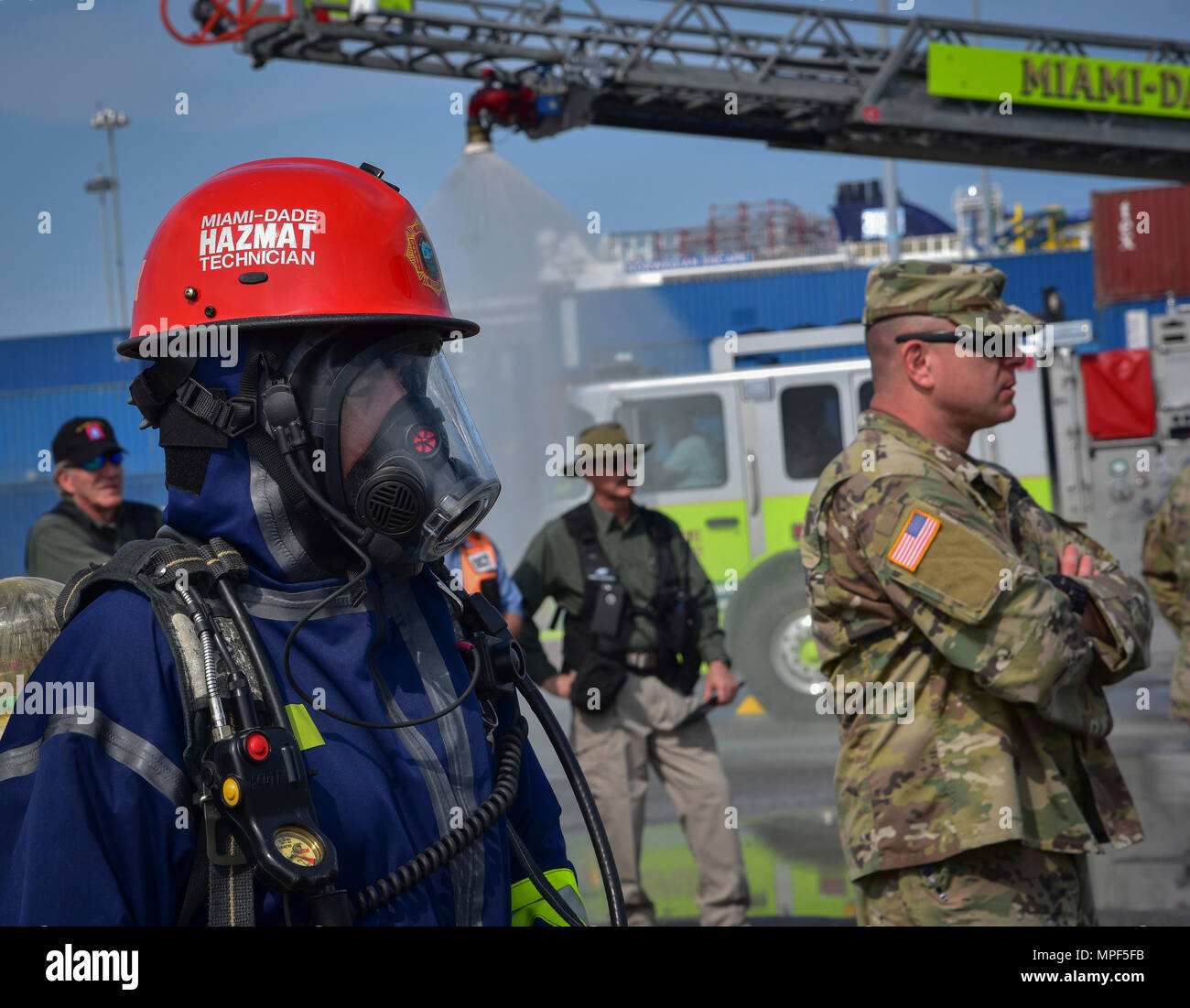 A HAZMAT technician with the MiamiDade Fire Rescue Department prepares