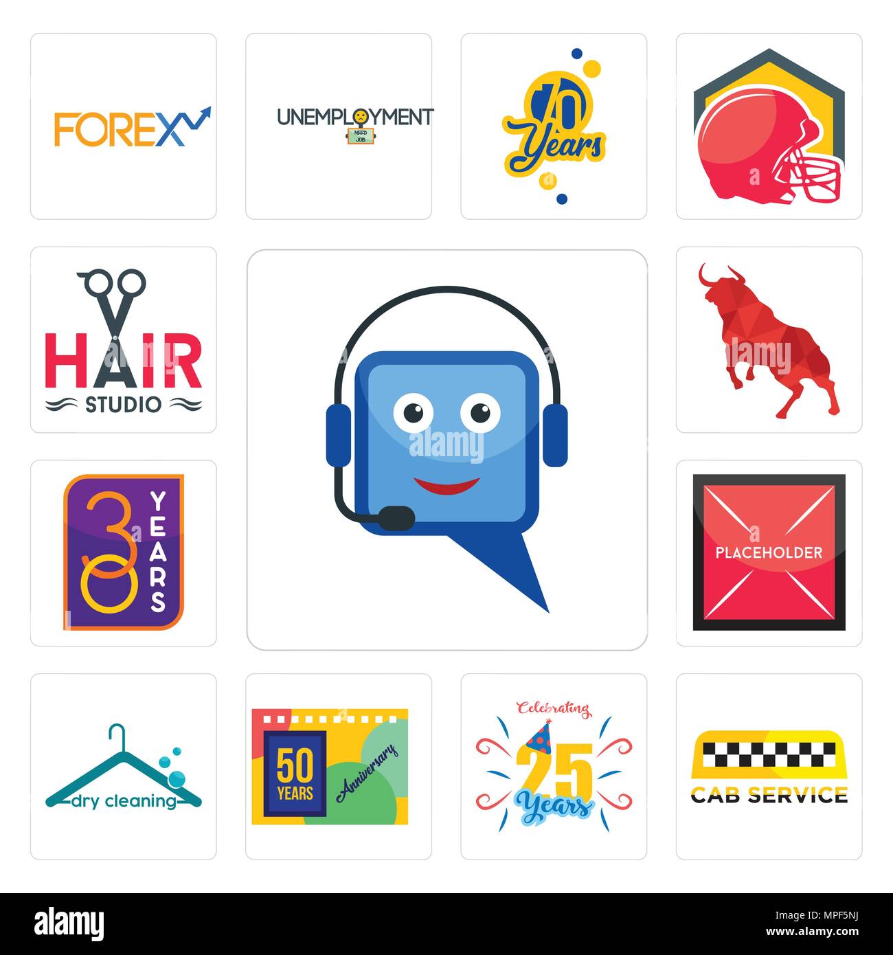 Set Of 13 simple editable icons such as helpdesk, cab service, celebrating 25 years, 50 years anniversary, dry cleaning, placeholder, 30 year, bull, h Stock Vector