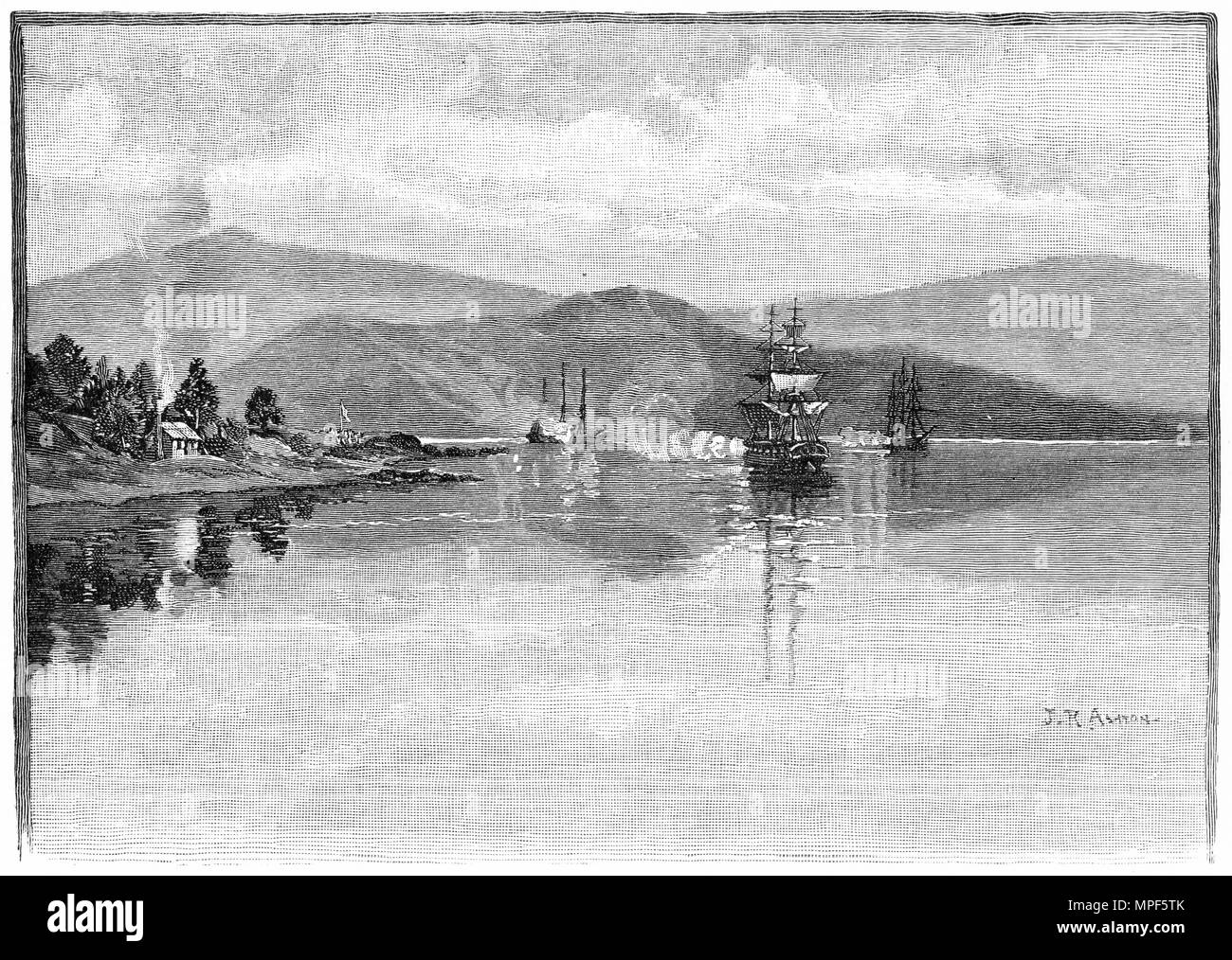 Engraving of colonists raising the British flag at Akaroa, originally a French whaling station, New Zealand. From the Picturesque Atlas of Australasia Vol 3, 1886 Stock Photo