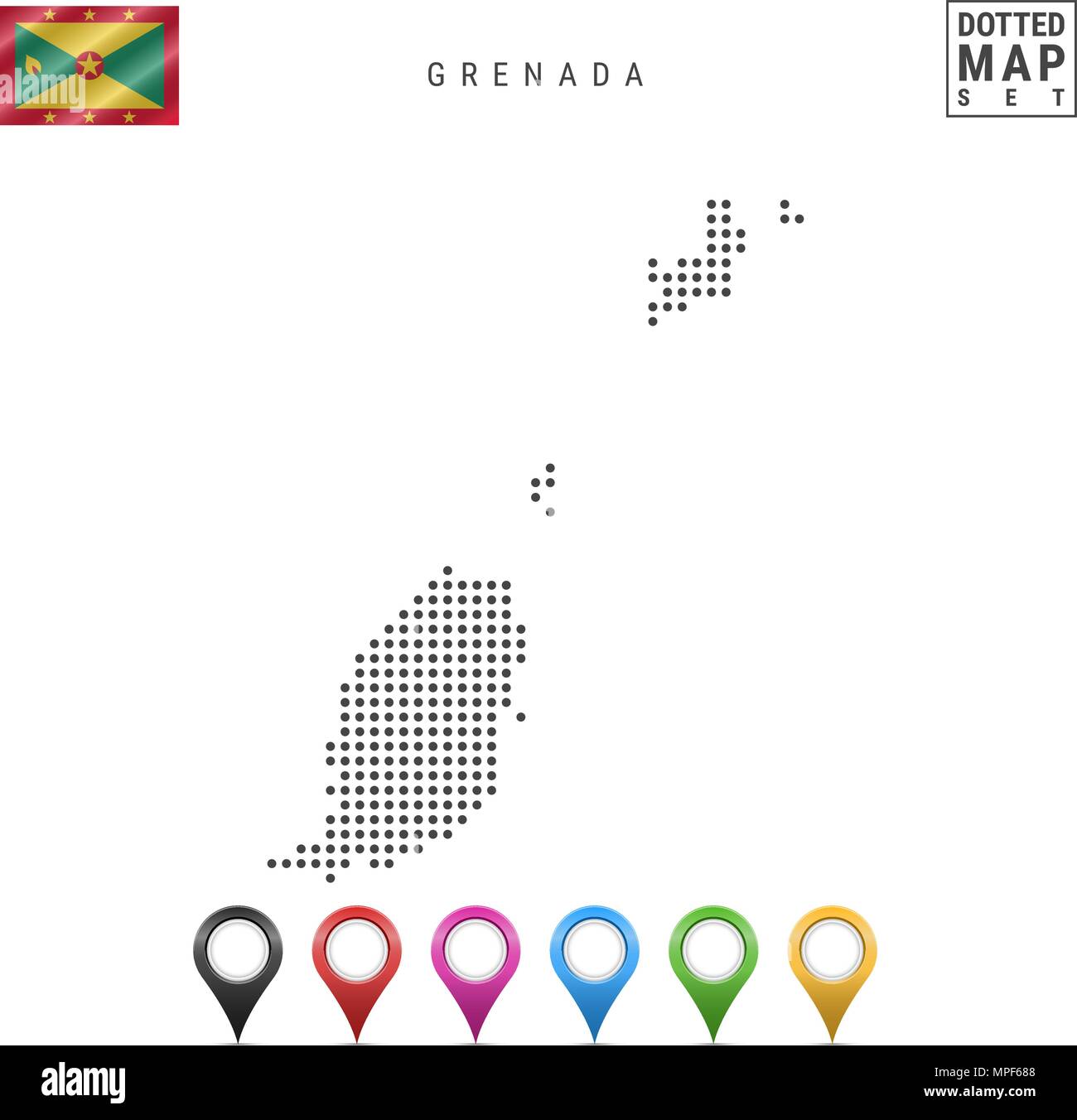 Vector Dotted Map of Grenada. Simple Silhouette of Grenada. National Flag of Grenada. Set of Multicolored Map Markers Stock Vector