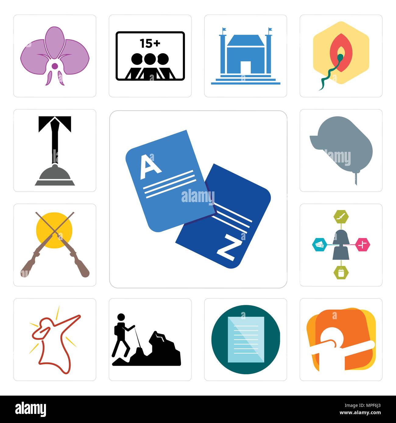 Set Of 13 simple editable icons such as vocabulary, dab, specification, hiker, travel agent, shotgun, car dealer, concierge can be used for mobile, we Stock Vector