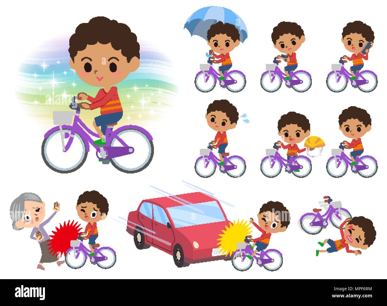 Set Of Various Poses Of Perm Hair Boy City Bicycle Stock Vector