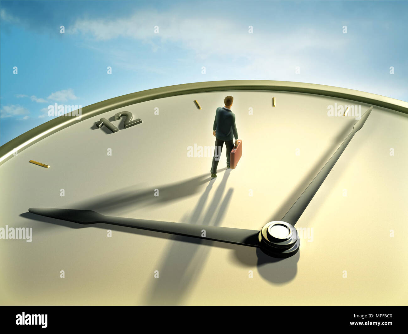 Businessman walking on a clock face. Digital illustration. Stock Photo