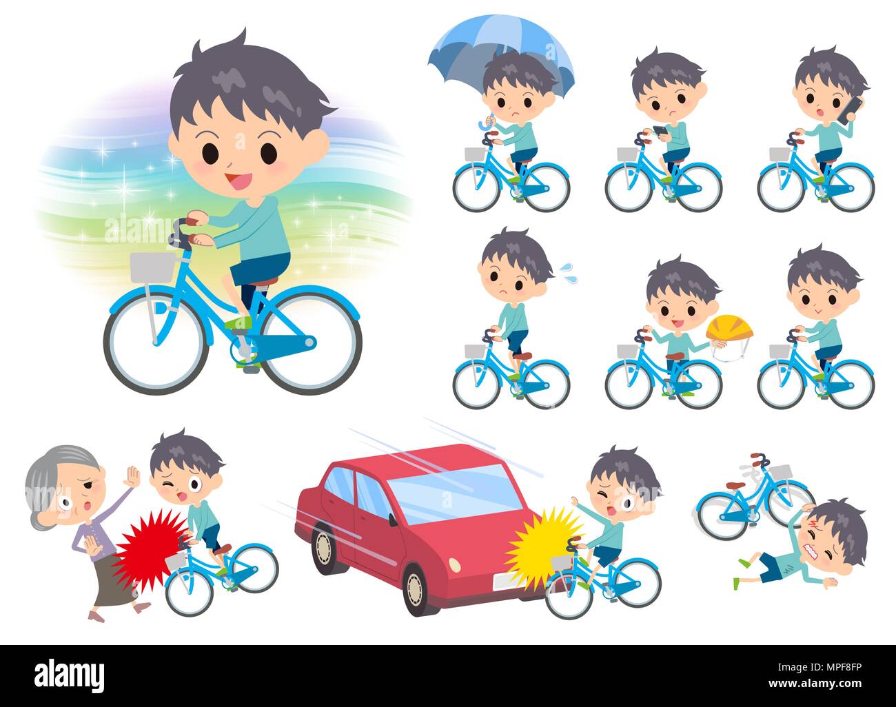 Set of various poses of blue clothing boy ride on city bicycle Stock ...