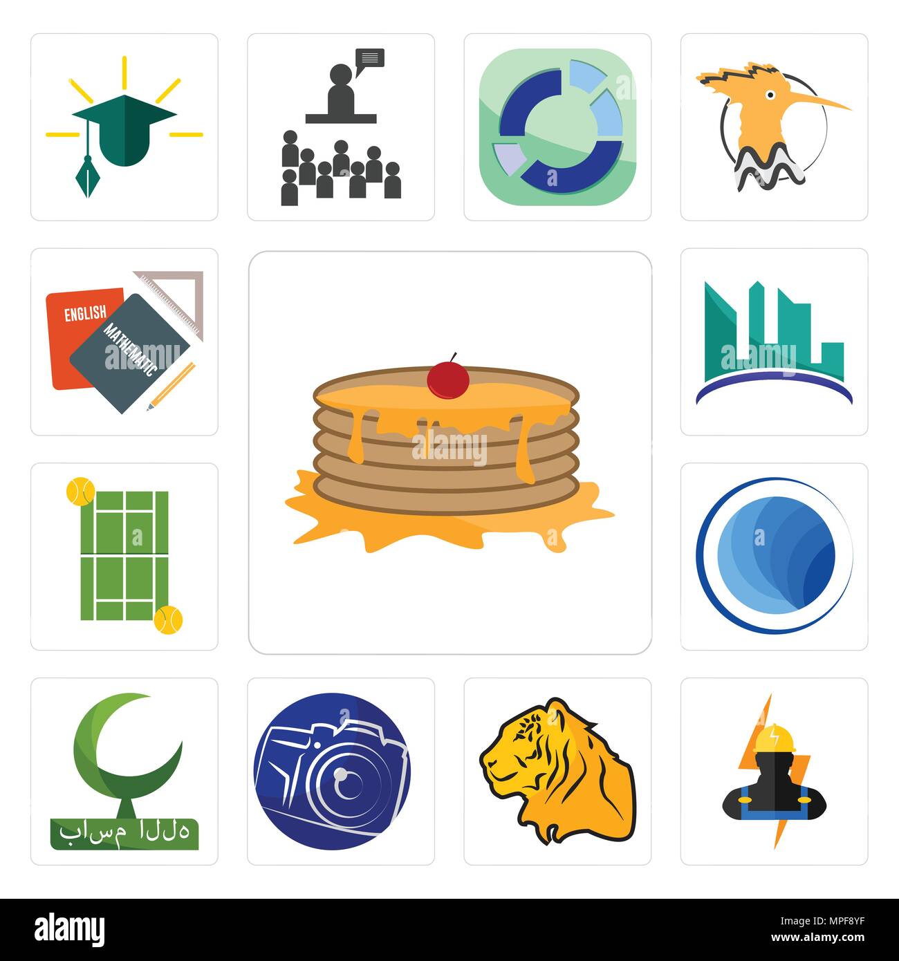 Set of pancake, electrician, tiger, photography camera, bismillah, globe, tennis court, contruction, homework icons Stock Vector