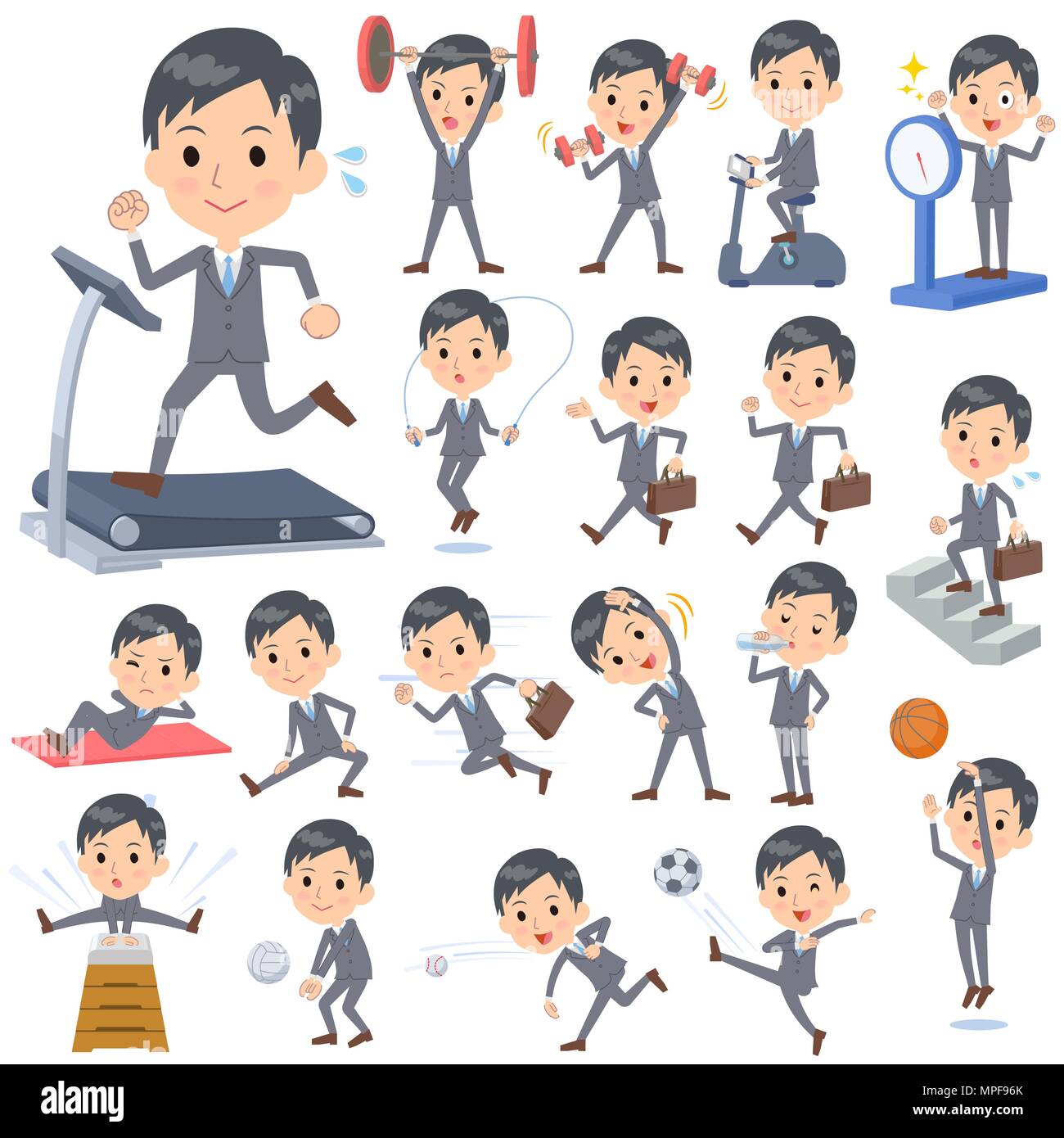 Set of various poses of Gray Suit Businessman Sports & exercise Stock Vector