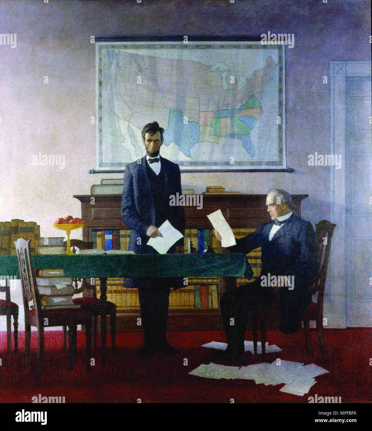 Mural by N.C. Wyeth of President Abraham Lincoln and Salmon P Chase conferring about the National Bank Act of 1863 Stock Photo