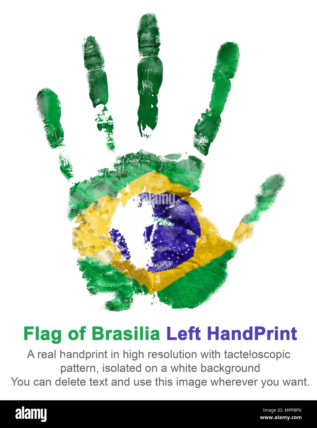 Left hand print in brazilian flag colors on white isolated background, national celebration of brazilia Stock Photo