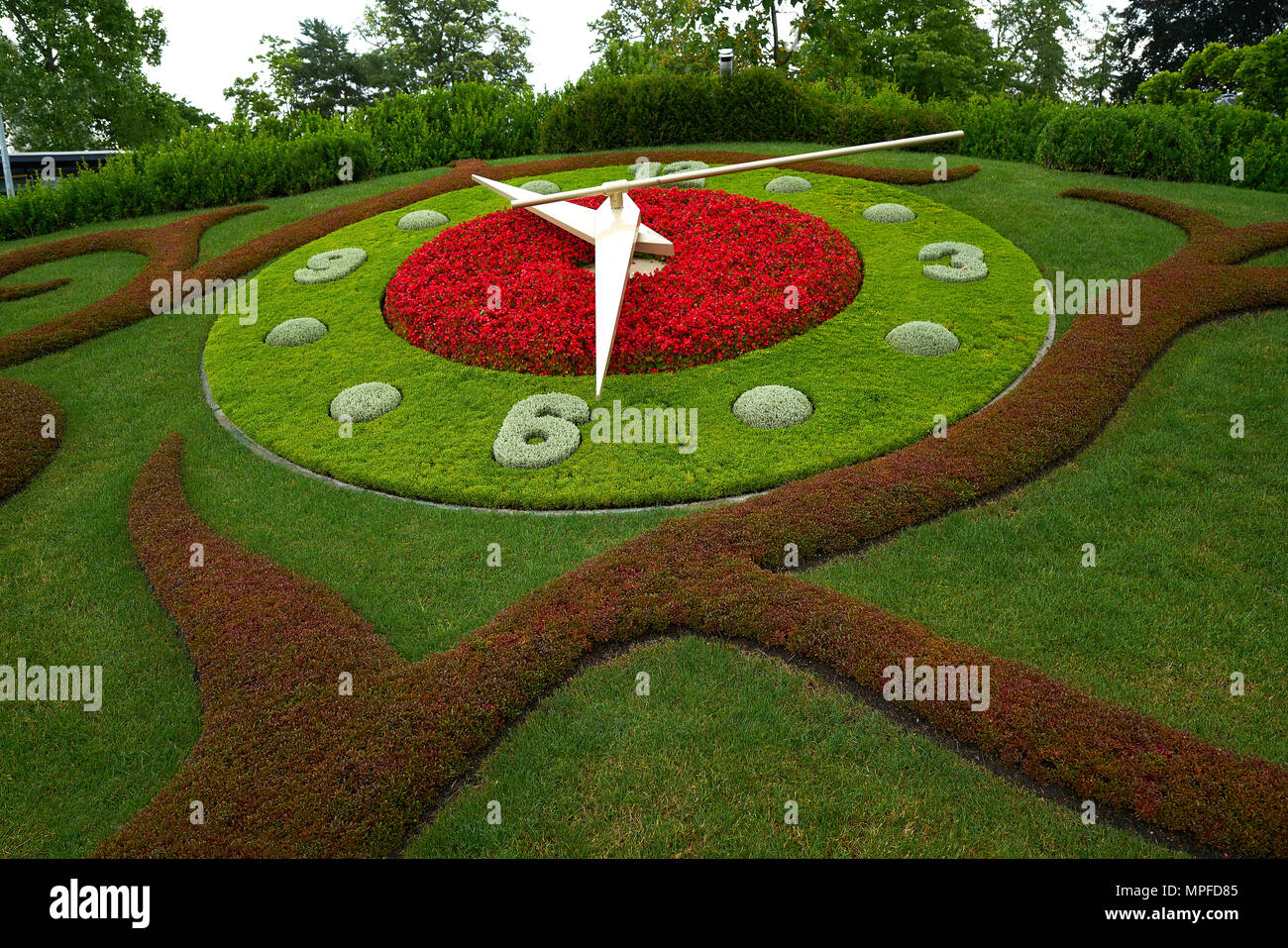 Flower clock in Geneve garden near Lake Geneva Switzerland Swiss Stock