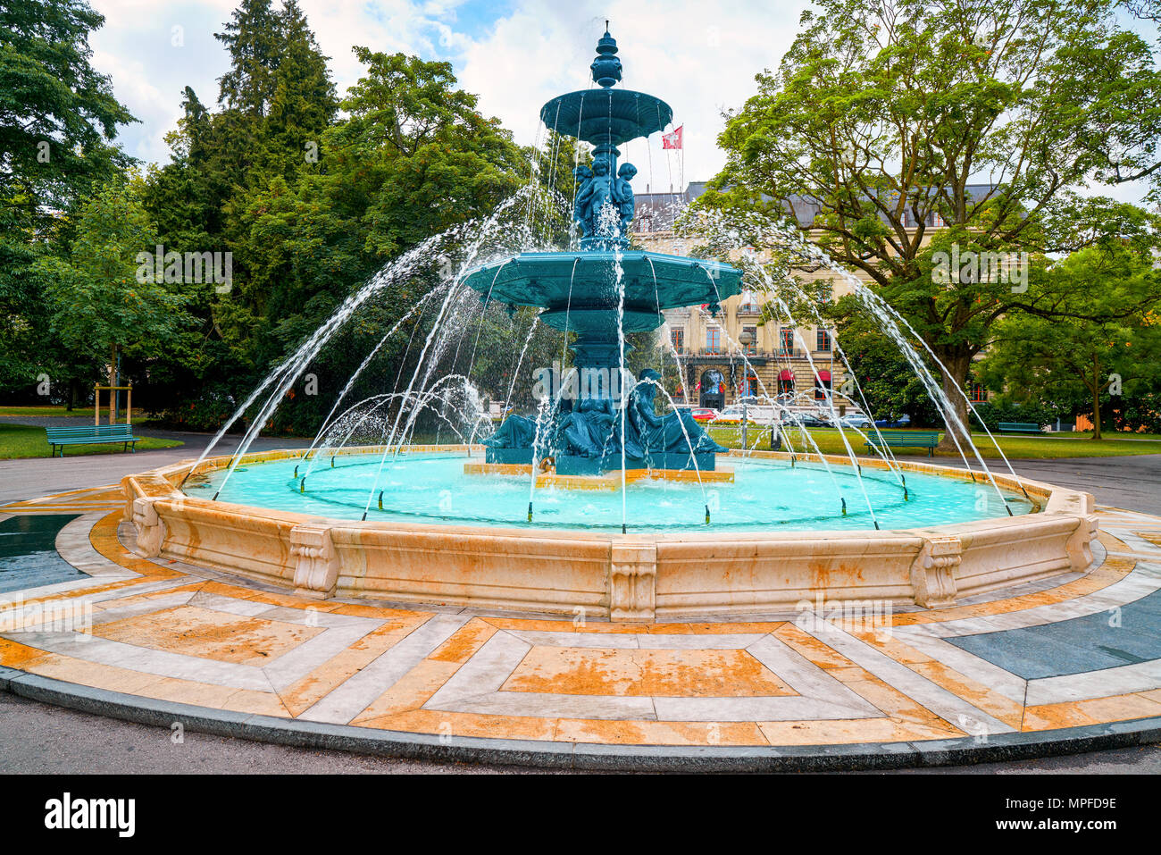 English garden fountain in Geneve Geneva Switzerland Swiss Stock Photo