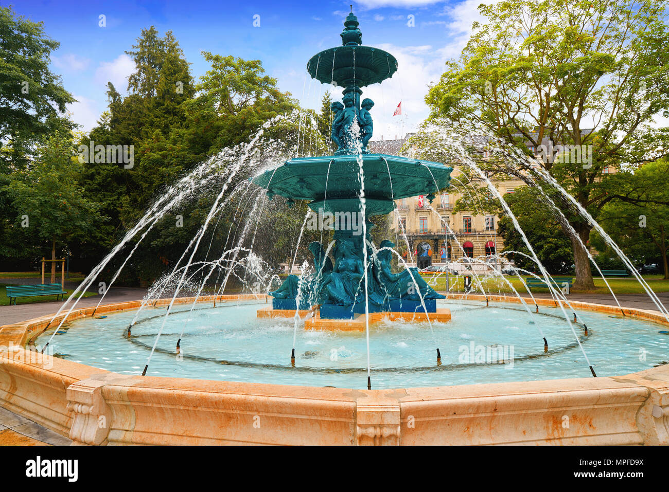 English garden fountain in Geneve Geneva Switzerland Swiss Stock Photo
