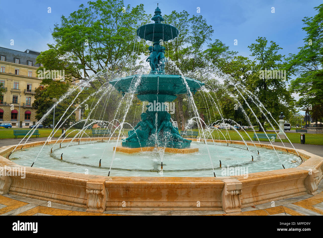 English garden fountain in Geneve Geneva Switzerland Swiss Stock Photo