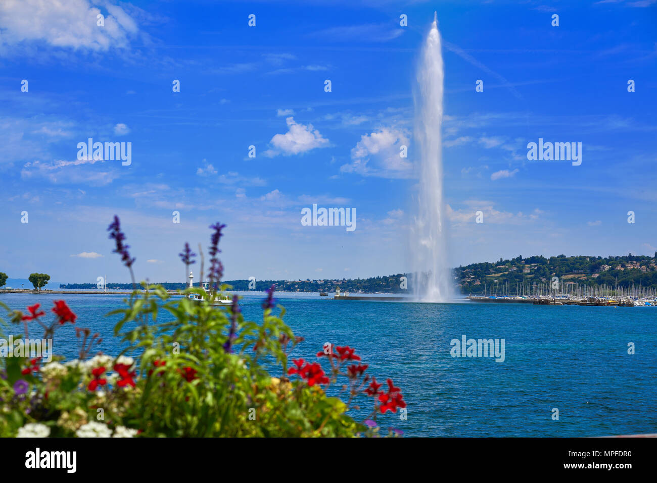 Geneva Geneve lake water Jet D'eau Switzerland Swiss Leman Stock Photo